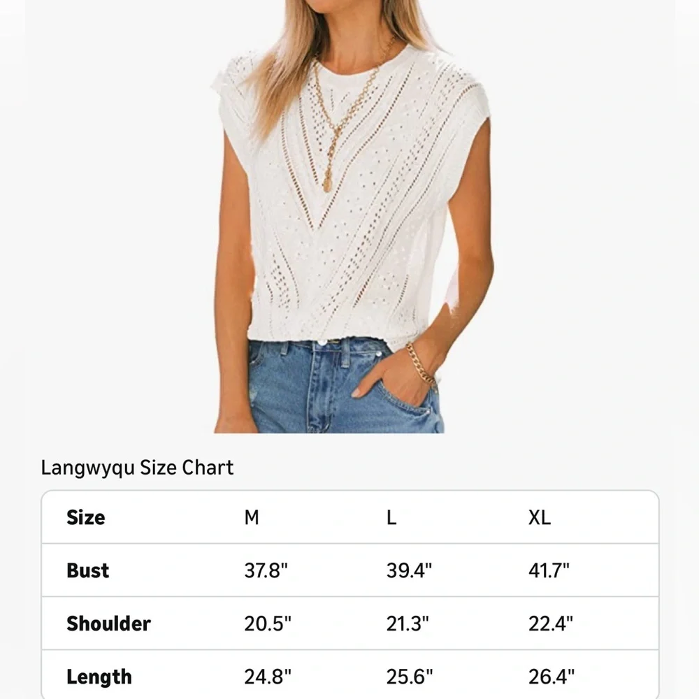 Langwyqu White Crochet Knit Cap Sleeve Top Lightweight Summer Sweater Large New - Picture 6 of 7